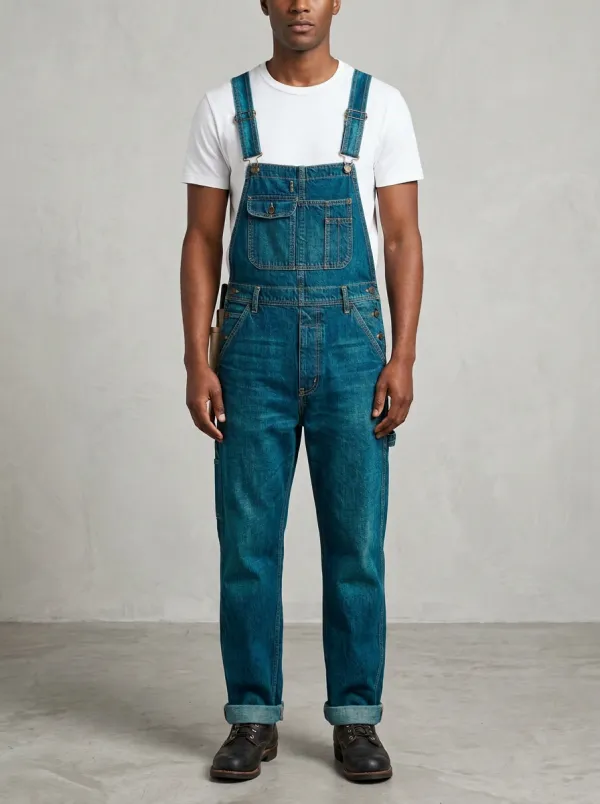 Men's Vintage Blue Denim Multi-Pocket Utility Overalls
