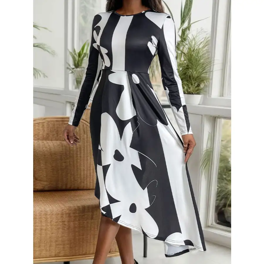 Asymmetrical Slit Round Neck Long Sleeve Midi Dress