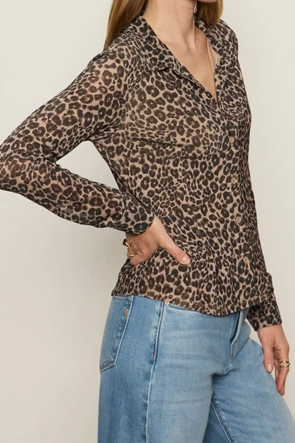 Leopard Print Mesh Button Front Collared Shirt