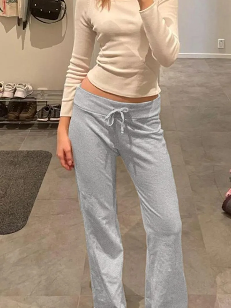 Women's Solid Adjustable Drawstring Waist Straight Leg Pants