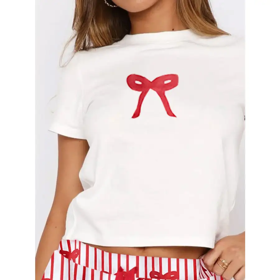 Printed Round Neck Short Sleeve Top and Drawstring Shorts Set