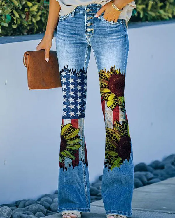 Women's American Flag Sunflower Print Pants