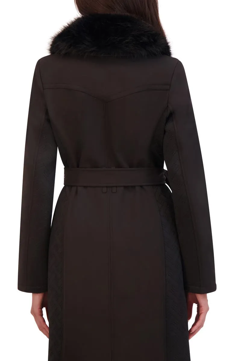 Belted Softshell Longline Coat with Faux Fur Trim