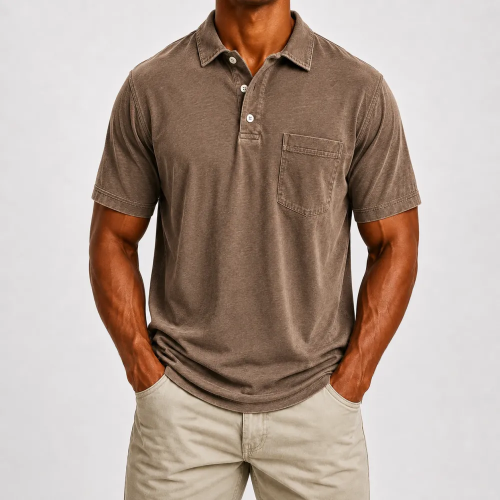 Men's Washed Cotton Blend Pocket Polo Shirt, Lightweight Breathable 3-Button Relaxed Fit