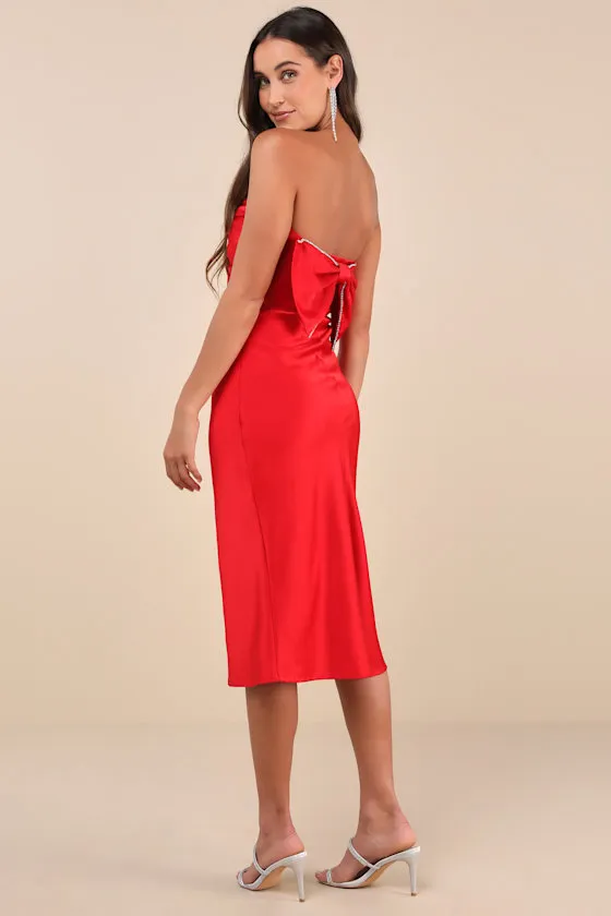 Luxe Crush Red Satin Rhinestone Bow Strapless Midi Dress