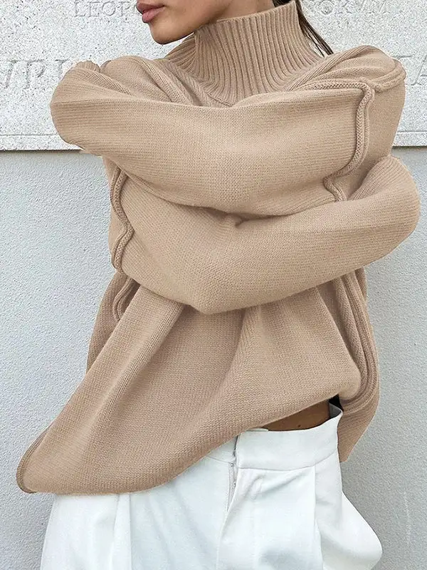 Paneled High Neck Long Sleeve Relaxed Fit Easy Fit Pullover Sweater