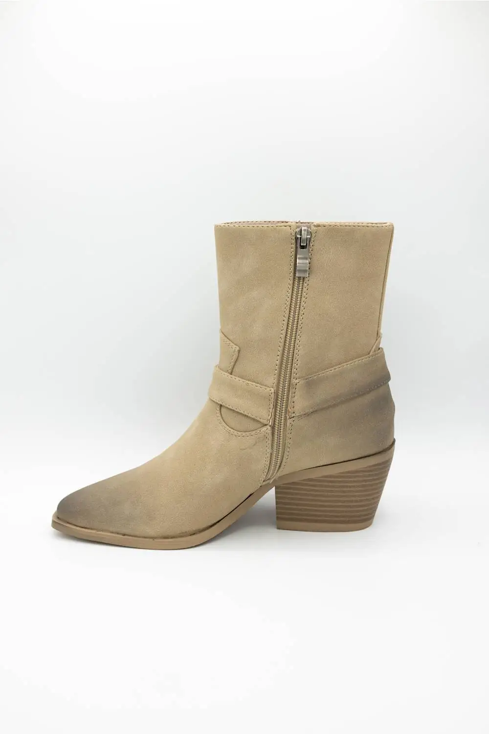 Classic Harness Suede Pointed Toe Mid Calf Bootie