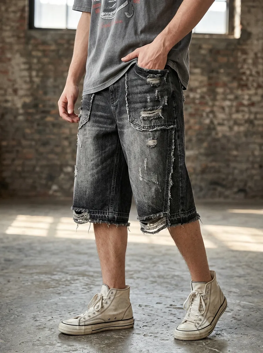 Men's Streetwear Distressed Washed Black Denim Cargo Shorts