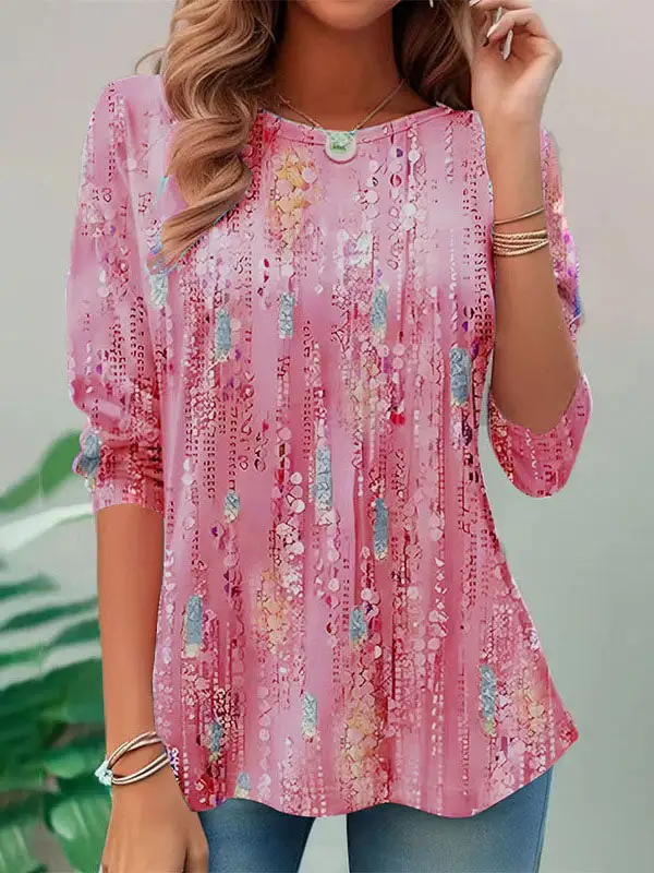 A-Line Long Sleeve Print Round Neck T-Shirt