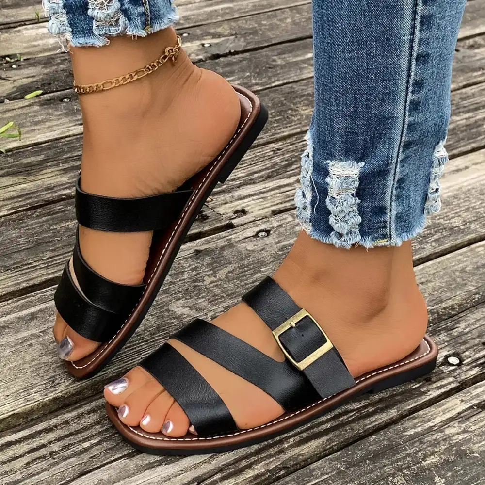 Textured Open Toe Buckle Sandals
