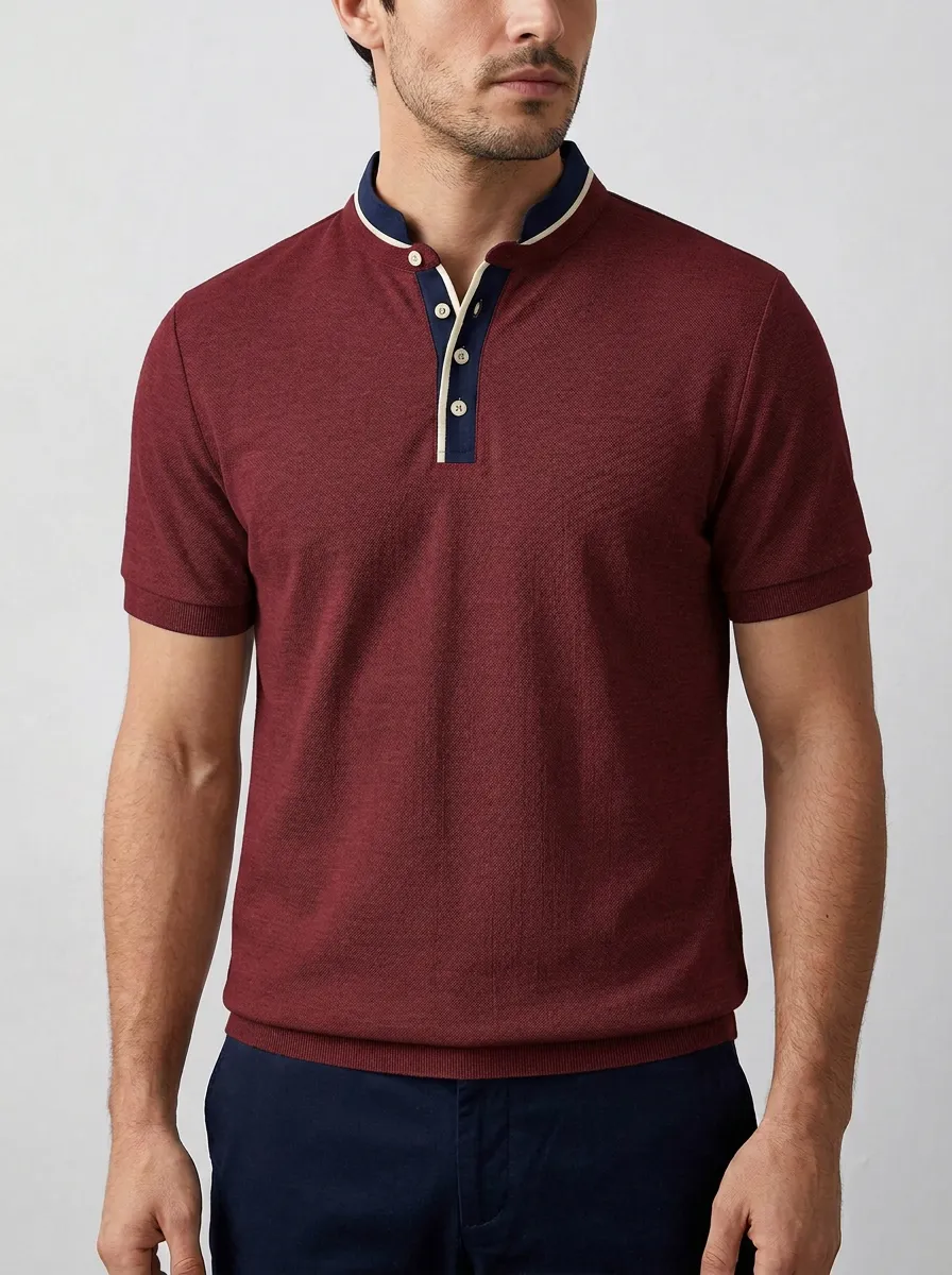 Men's Gray Contrast Button Placket Polo Shirt