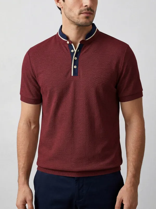 Men's Gray Contrast Button Placket Polo Shirt