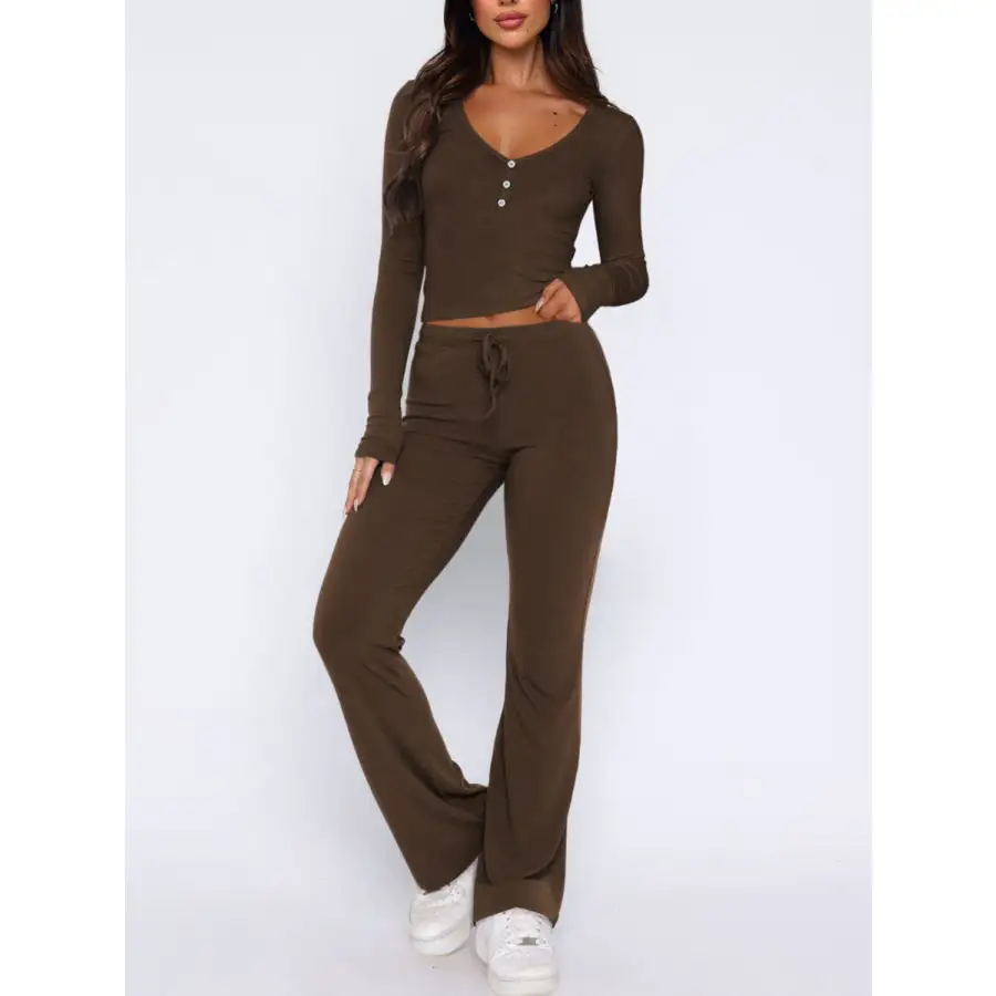 V Neck Long Sleeve Top and Pants Set
