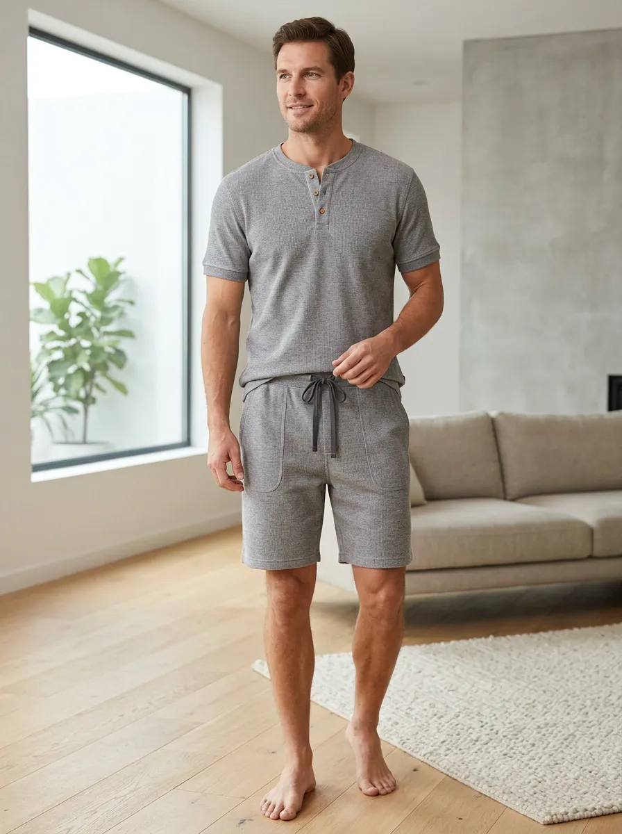 Men's Short Sleeve Casual Waffle Knit Henley Short Set