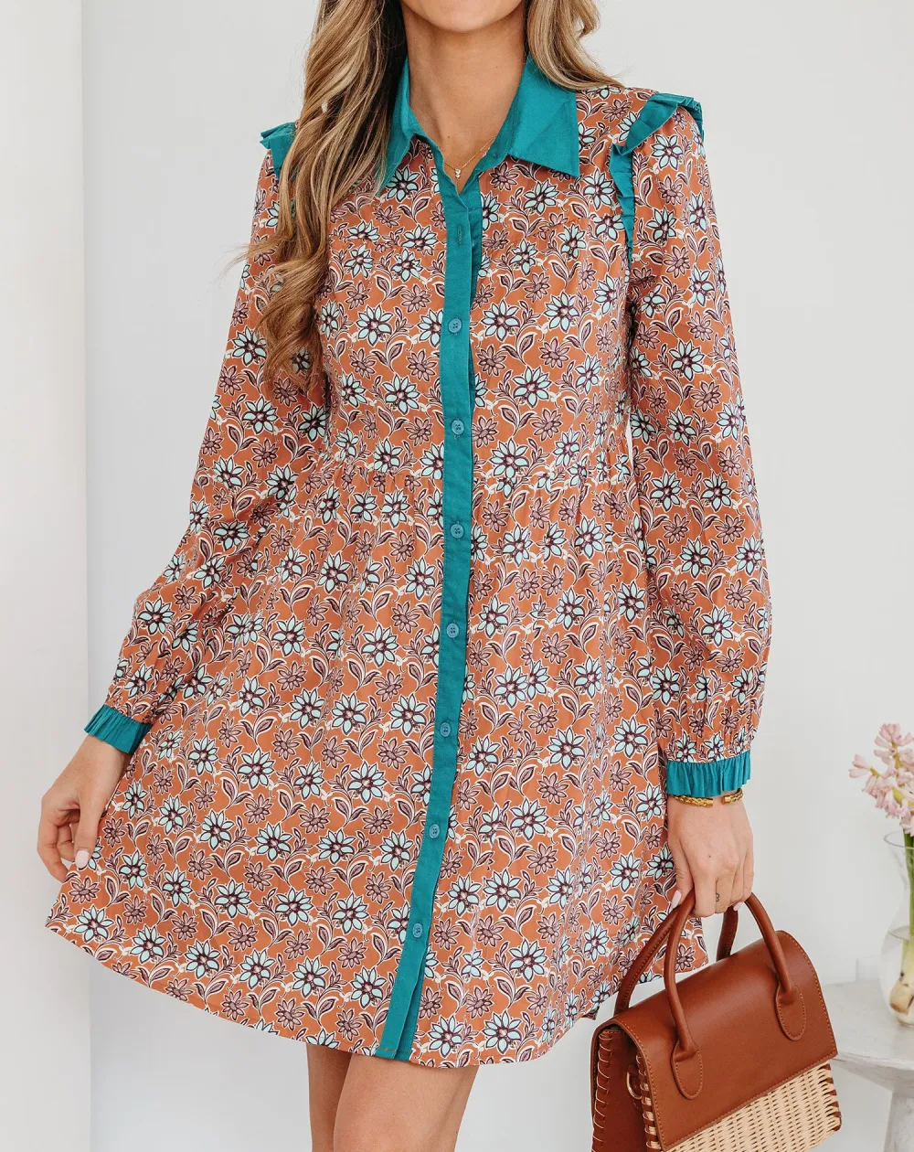 Boho Contrast Collared Shirt Mini Dress