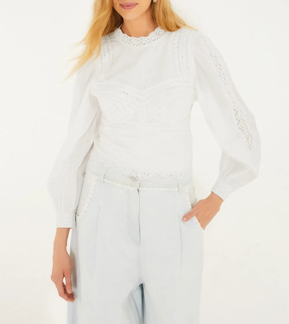 Classic Crochet Long-Sleeve Button-Front Blouse
