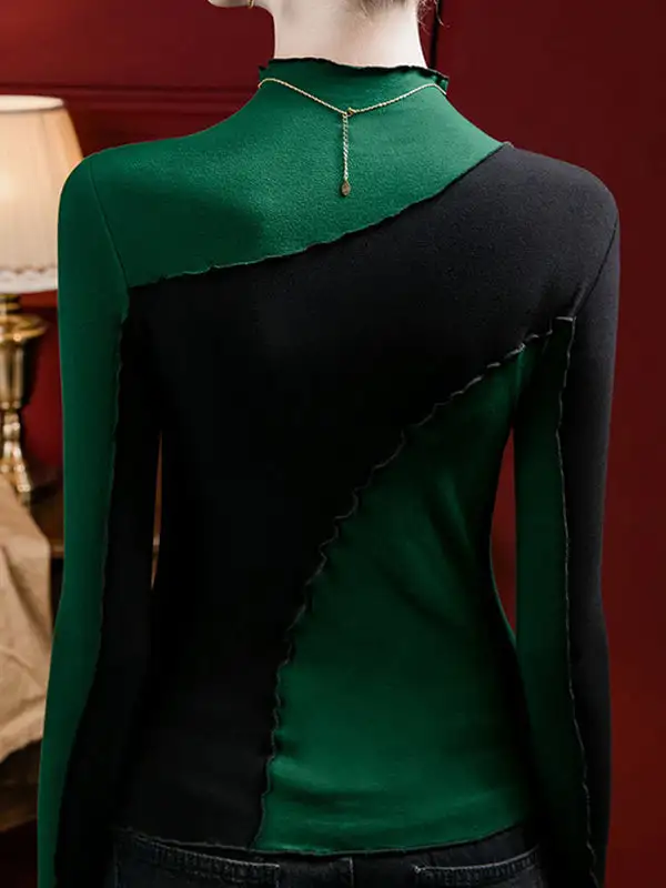 Long Sleeve Curve Fit Contrast Ruffle Trim Panel Detail Mock Neck T-Shirt