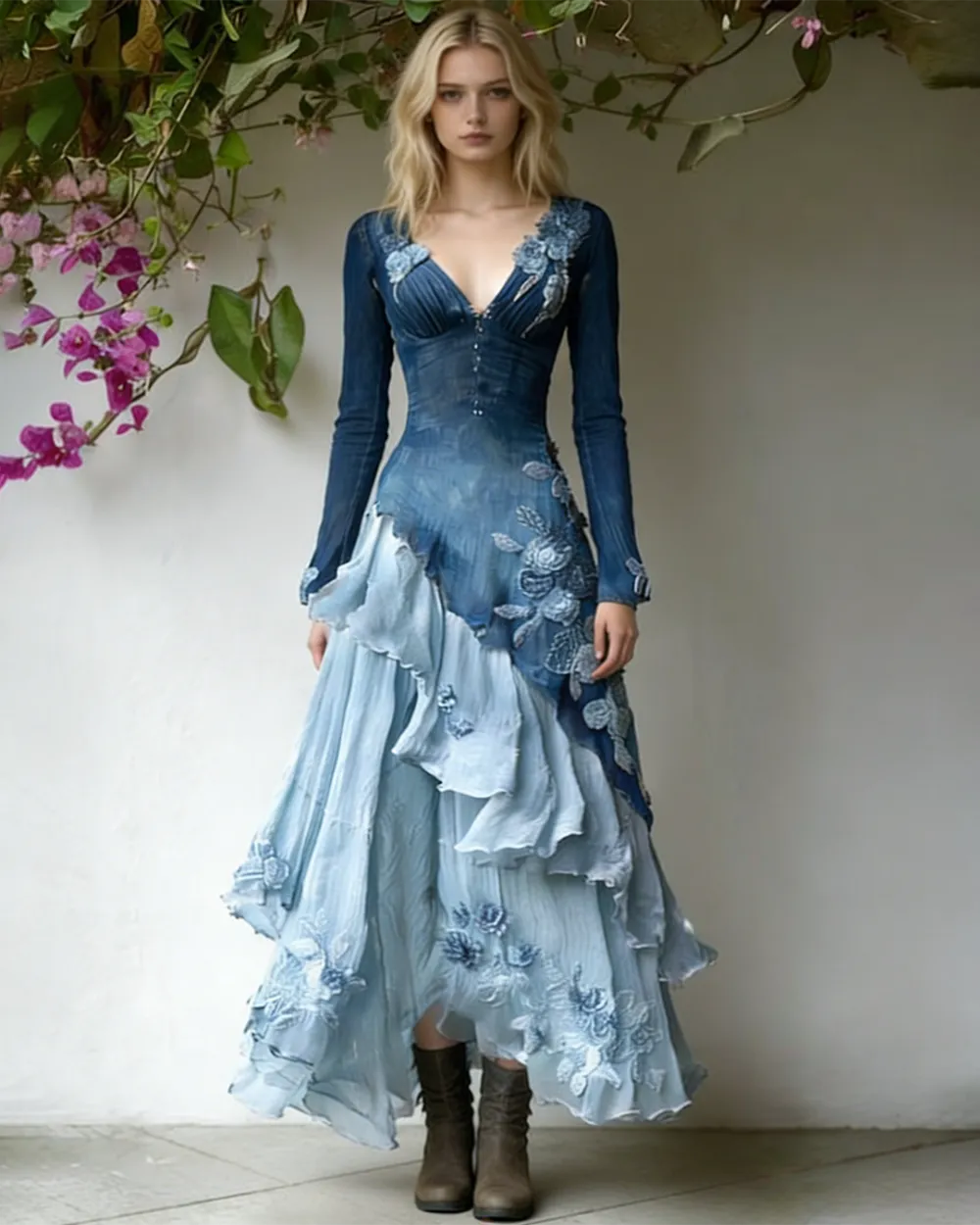 Women's Spring Elegant Flowers Irregular Ruffle Linen Dress