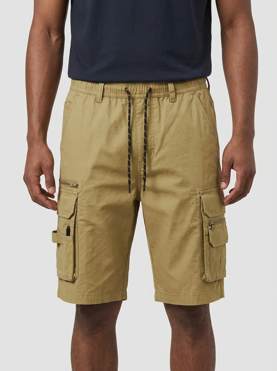 Men's Khaki Multi-Pocket Drawstring Cargo Shorts
