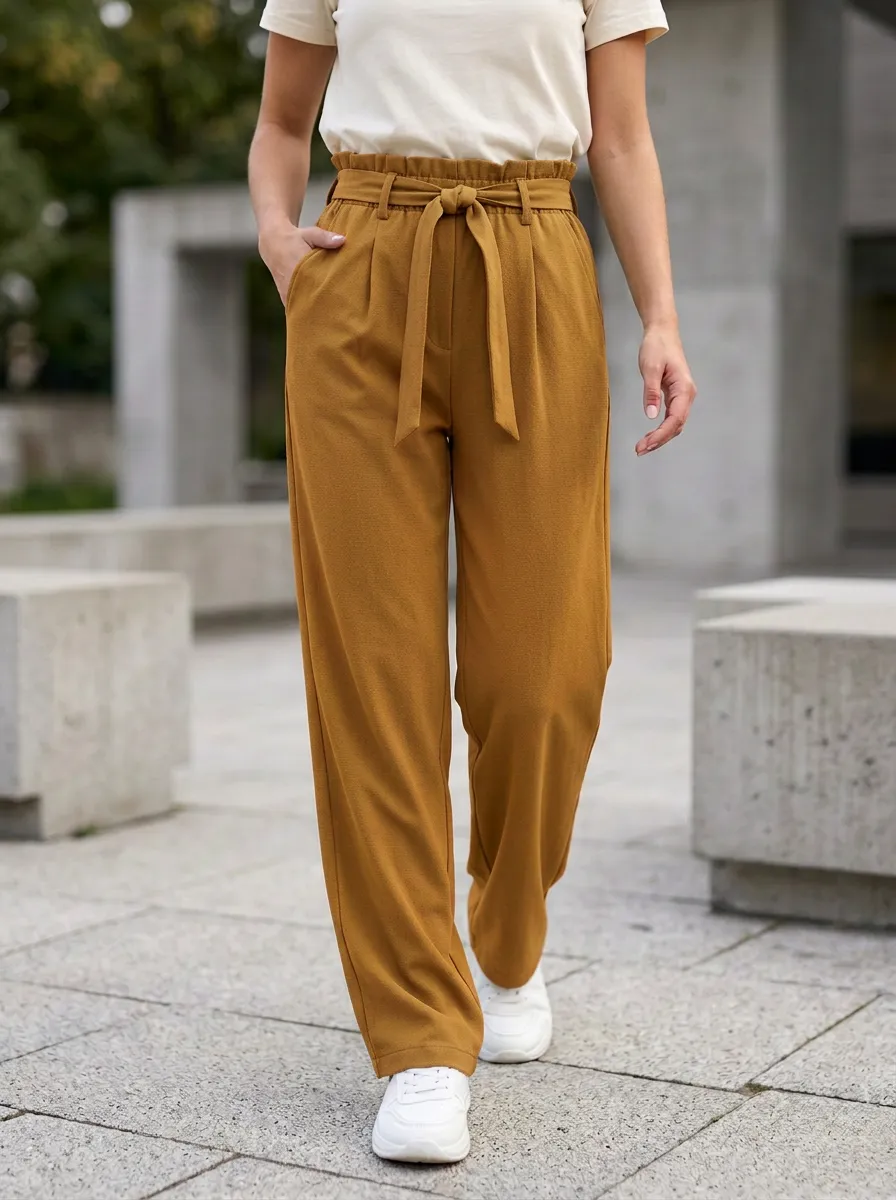 Women's Casual High-Waisted Paperbag Tie Waist Trousers