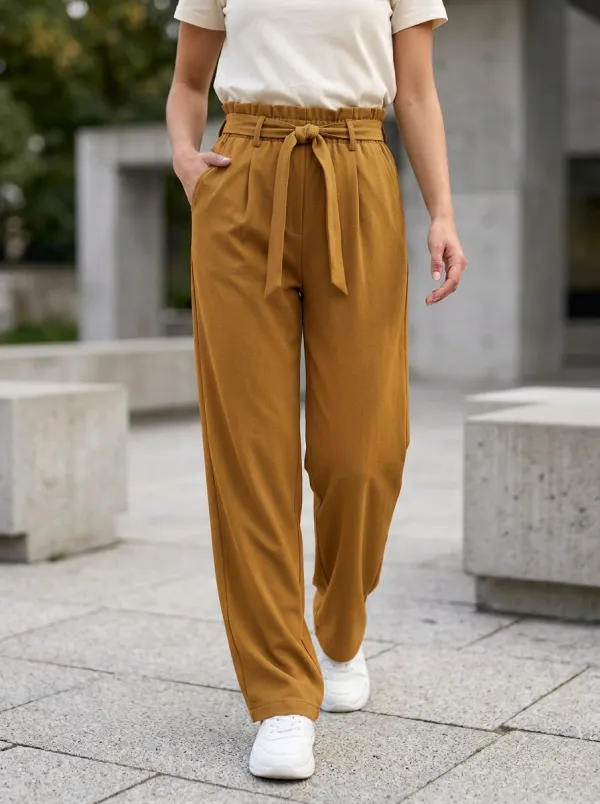 Women's Casual High-Waisted Paperbag Tie Waist Trousers
