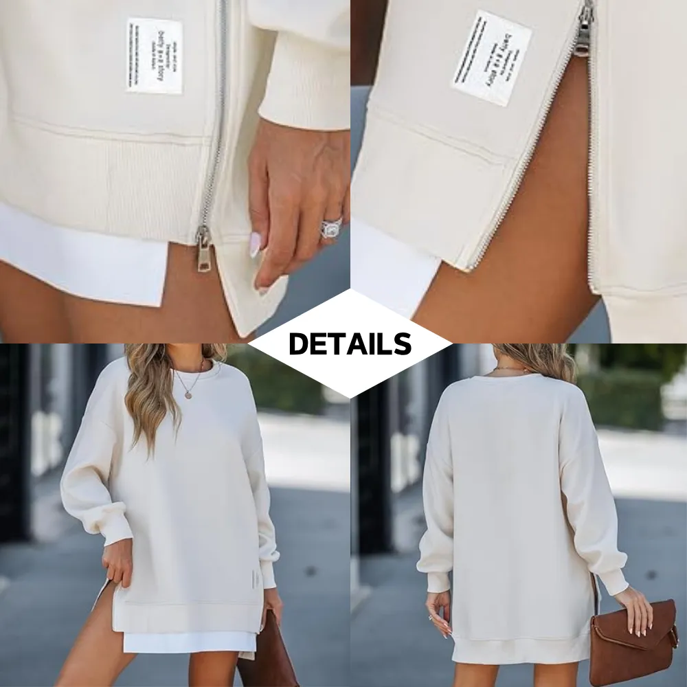 Womens Long Sleeve Pullover Sweatshirt Zipper Slit Casual Dress