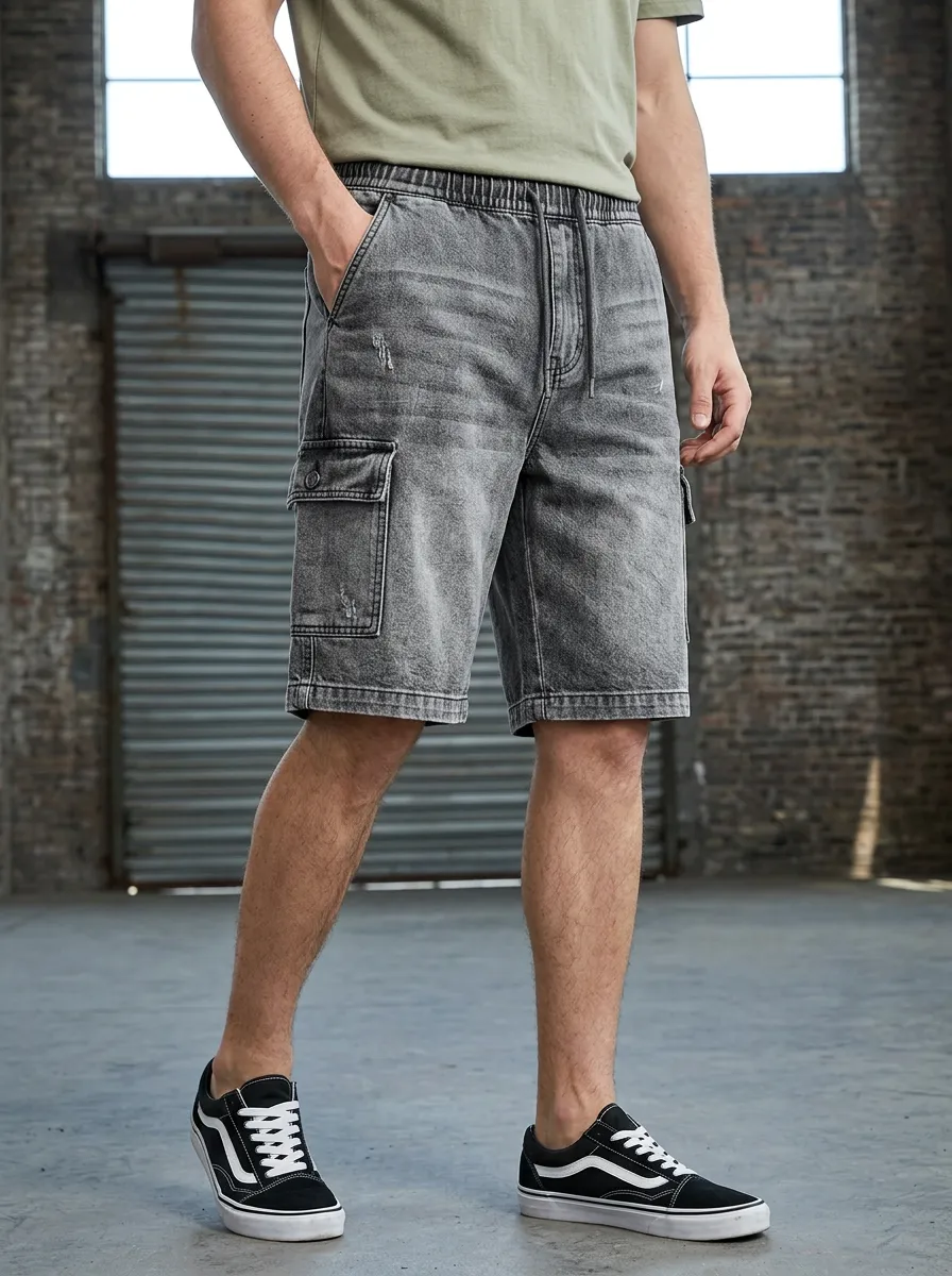 Men's Washed Grey Distressed Cargo Denim Shorts