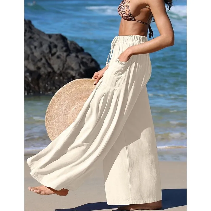 Women Linen Palazzo Pants Loose Fit Boho Wide Leg Summer Lounge Trousers Plus Size Drawstring Waist Casual Beach Travel Vacation Outfits woman wide leg pant