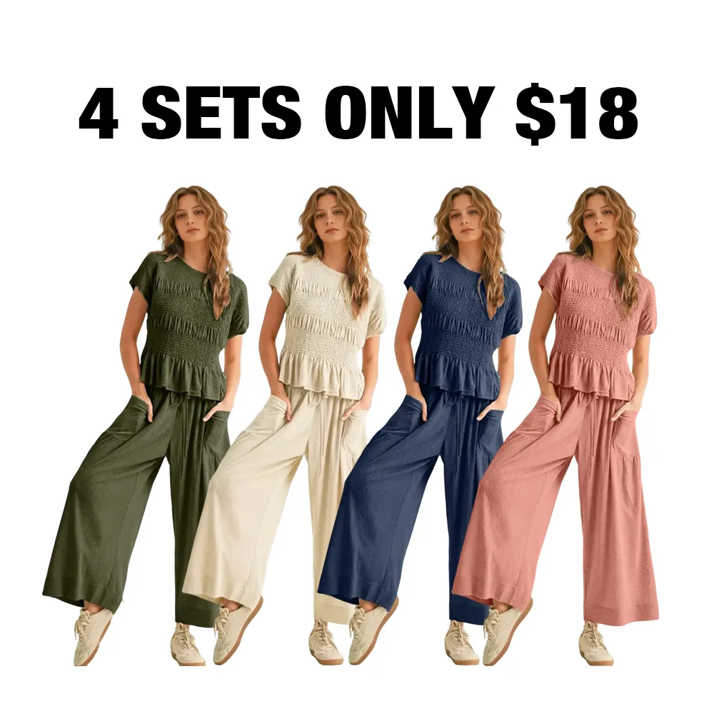 Women's Boho Chic Pleated Top & Wide-Leg Set