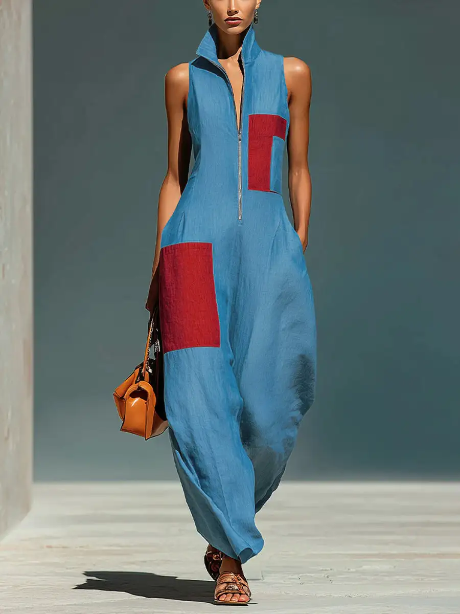 Losse Jumpsuits Met Wijde Pijpen Contrasterende Kleuren Zakken