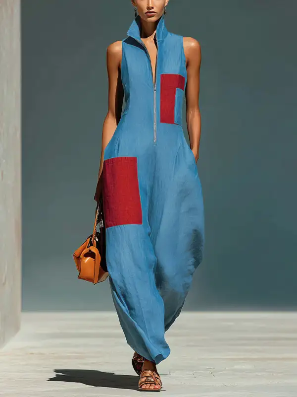 Losse Jumpsuits Met Wijde Pijpen Contrasterende Kleuren Zakken