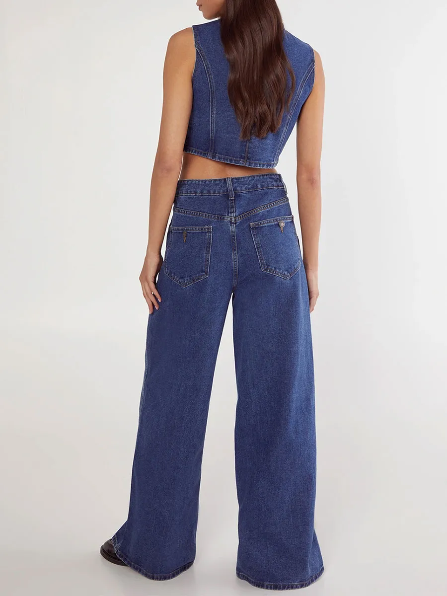 Women's Dark Blue Side Button Wide-Leg Jeans