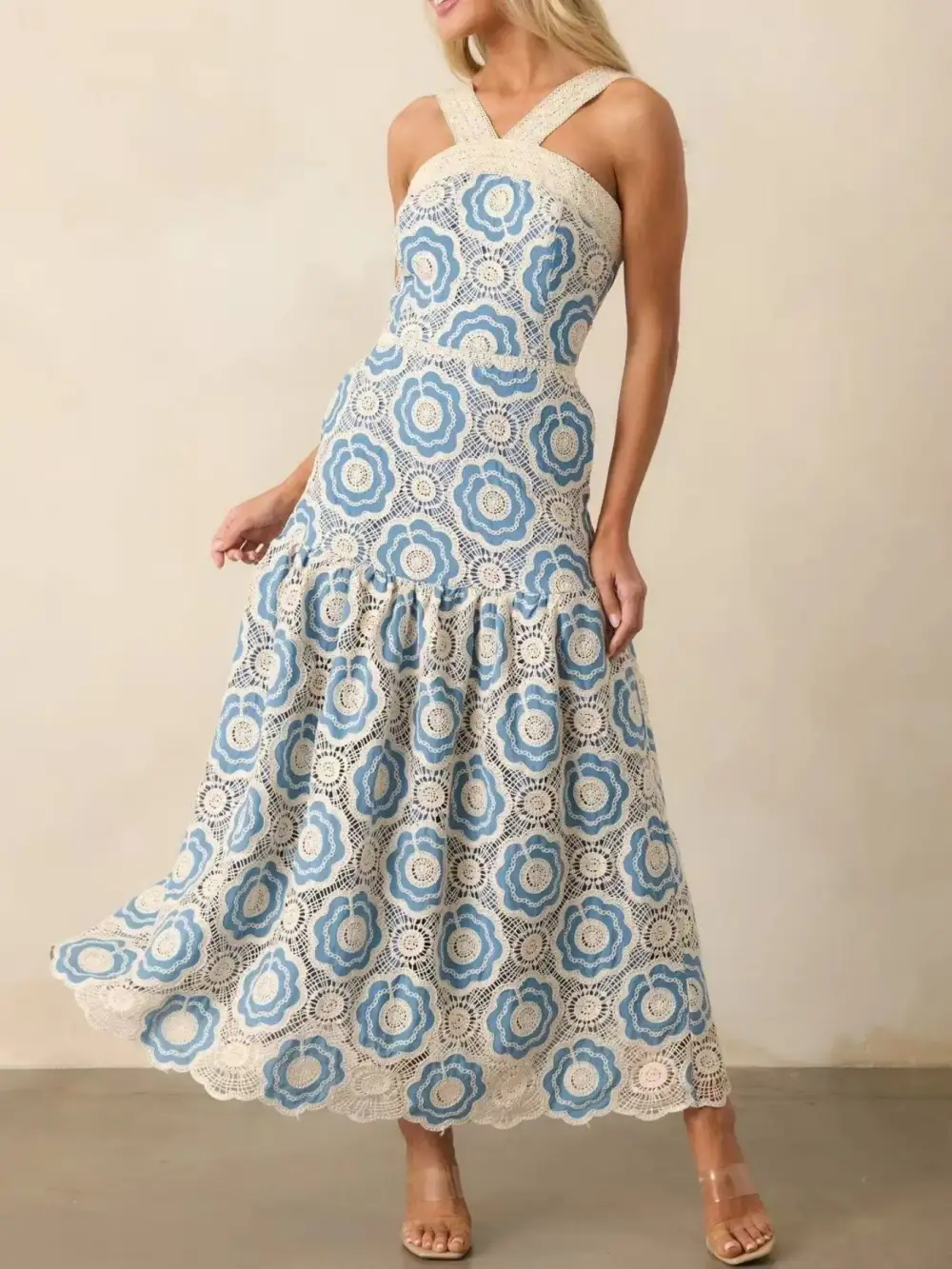 Lace Tiered Sleeveless Midi Dress