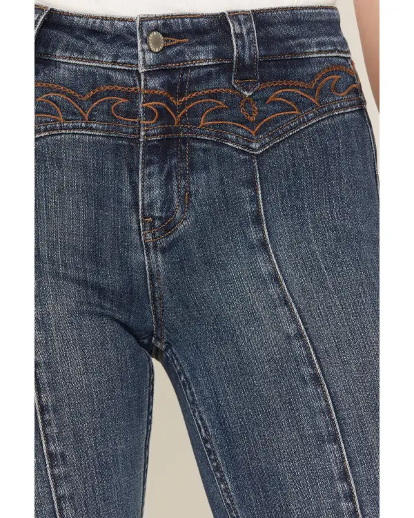 High Rise Flare Stretch Denim Embroidered Jeans