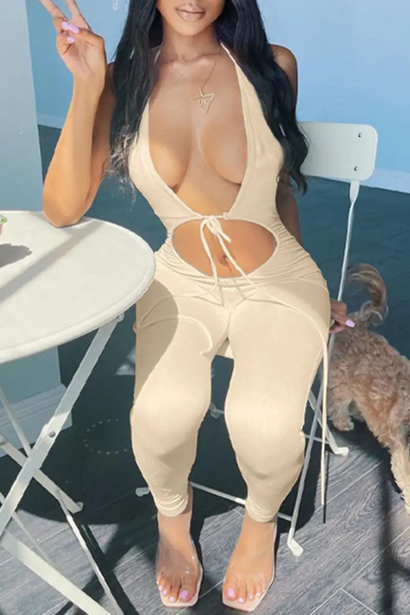 Sexy Casual Solid Bandage Hollowed Out Backless Halter Skinny Jumpsuits