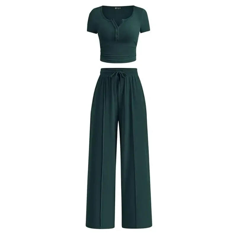 Women's two-piece summer ribbed knit button short-sleeve crop top and wide-leg pants