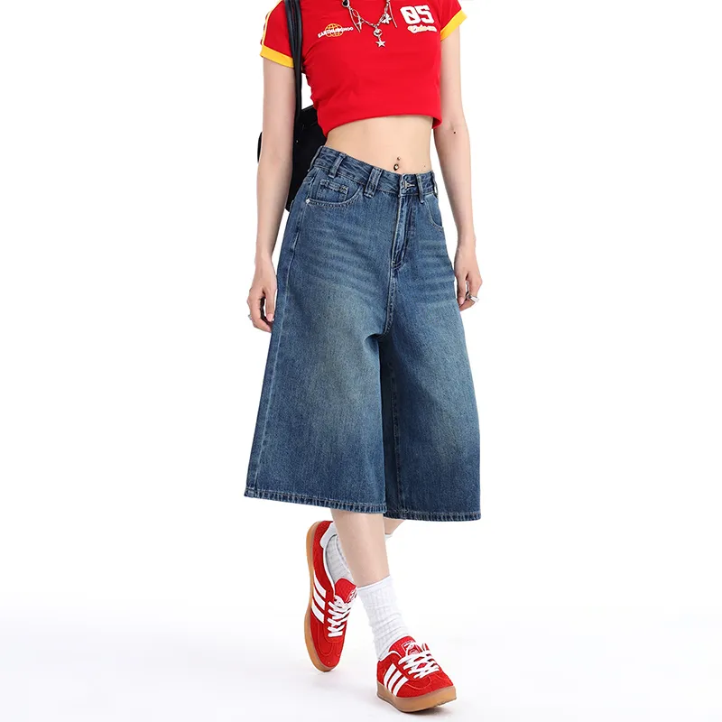 High Waist Wide Leg Denim Shorts