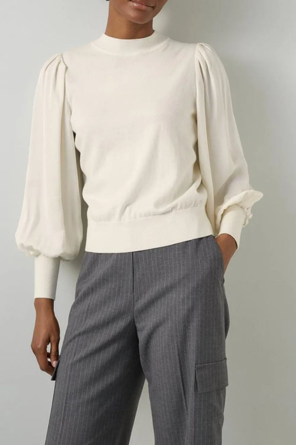 White Puff Sleeve Mock Neck Knit Sweater