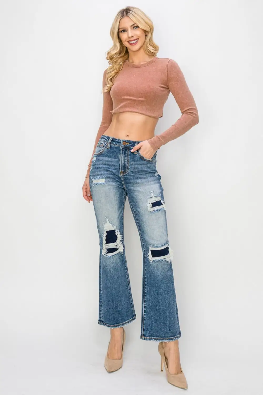 Smooth High Waist Flare Leg Distressed Denim Jeans