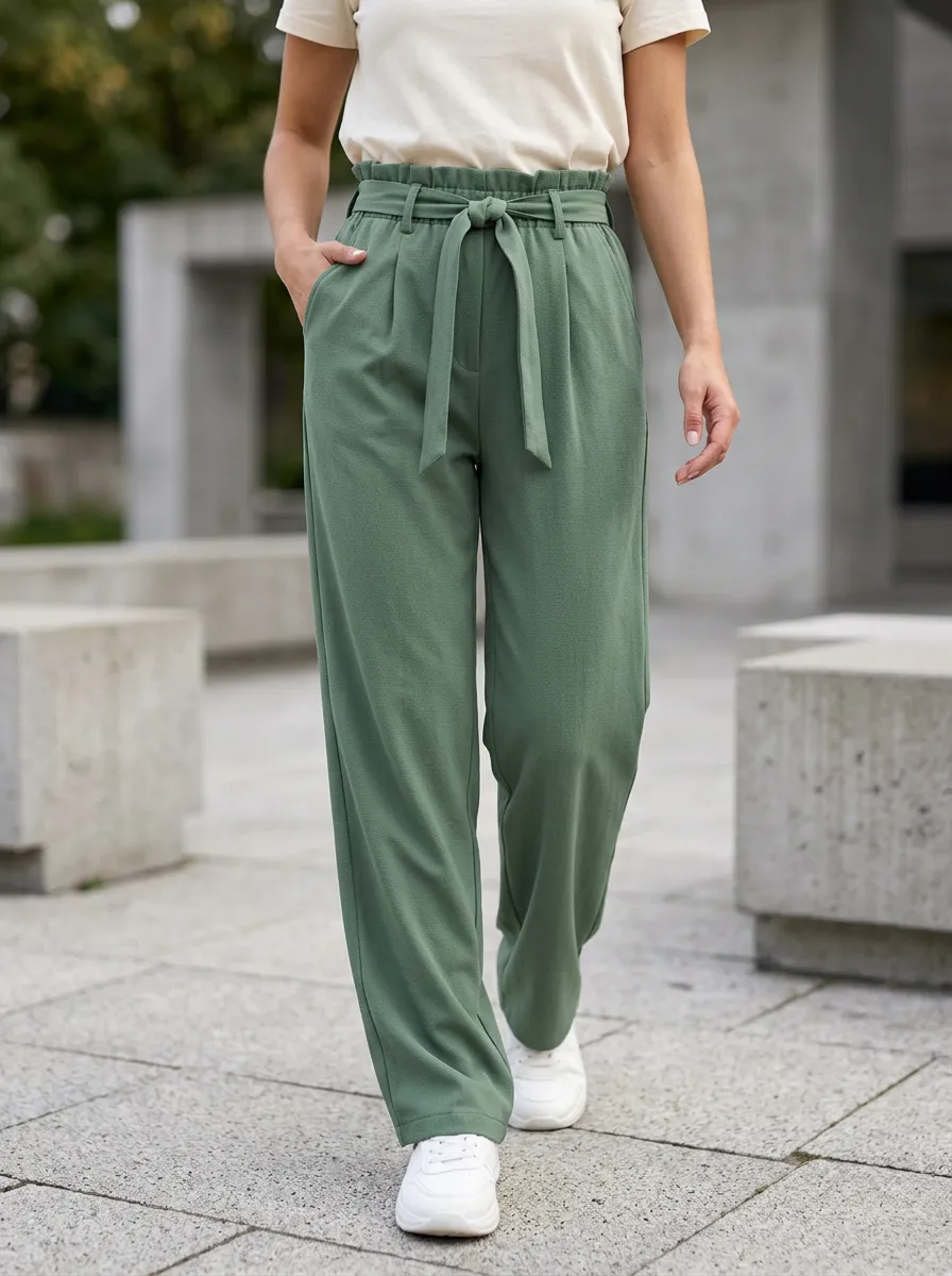 Women's Casual High-Waisted Paperbag Tie Waist Trousers
