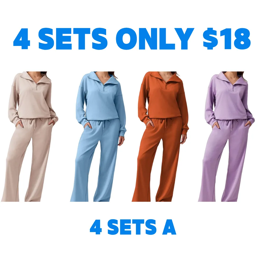 Women's Two-Piece Sports Set Long-Sleeved Half-Zip Cardigan Sweatshirt