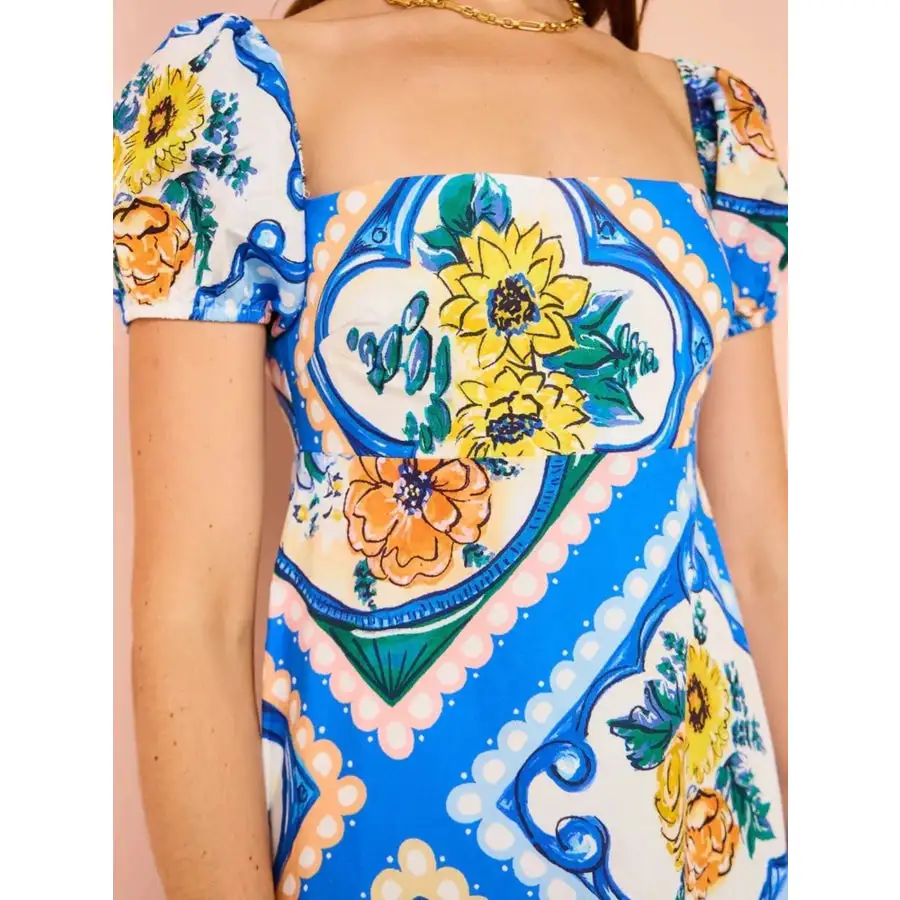 Printed Square Neck Puff Sleeve Maxi Dress
