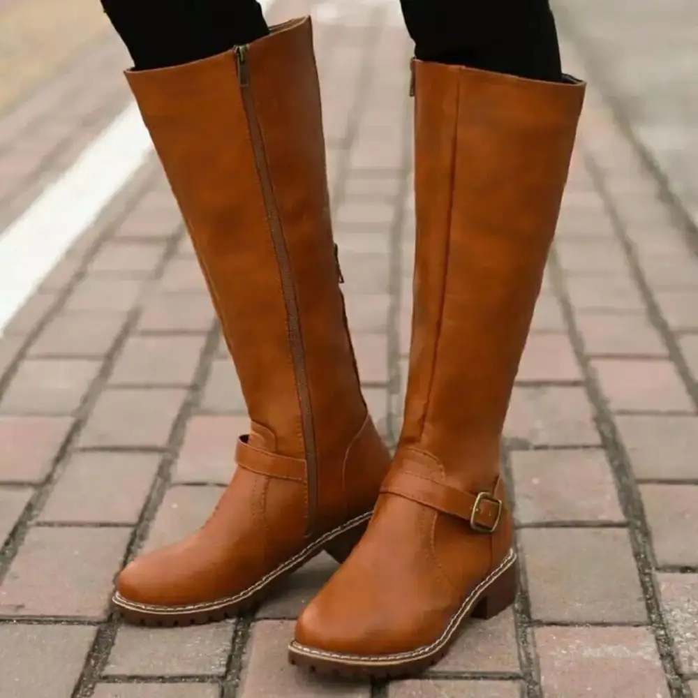 Polished Round Toe Block Heels Boots