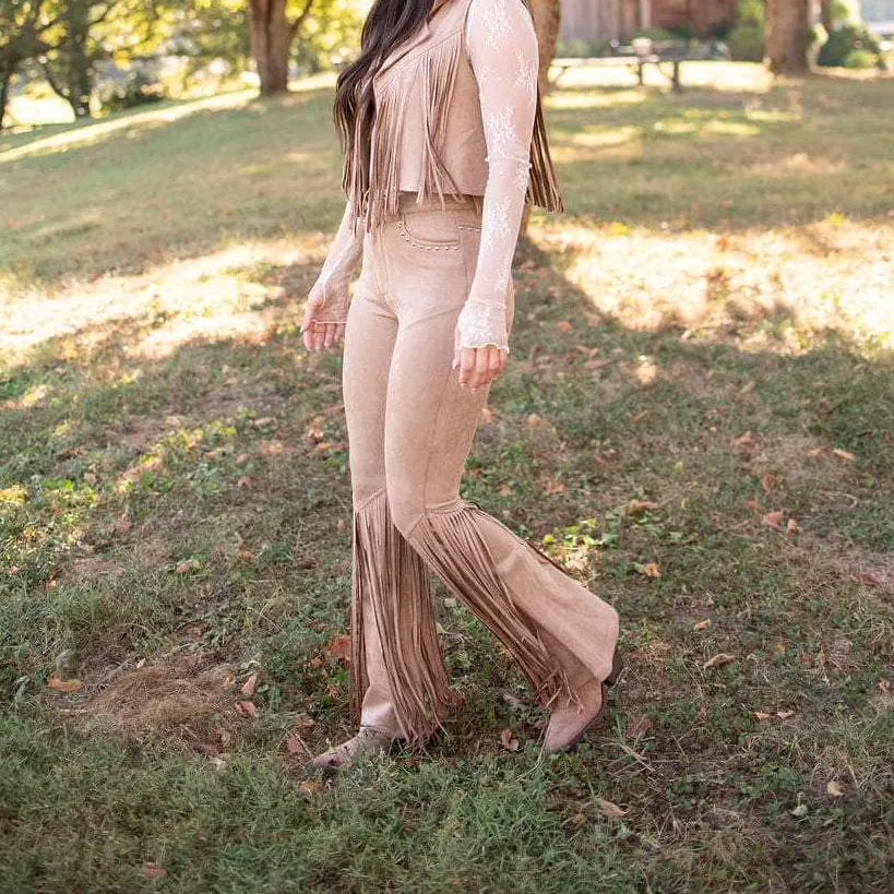 Fringe Suede Flared Studded Pants
