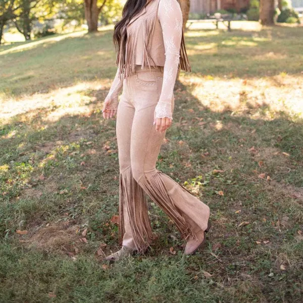 Fringe Suede Flared Studded Pants