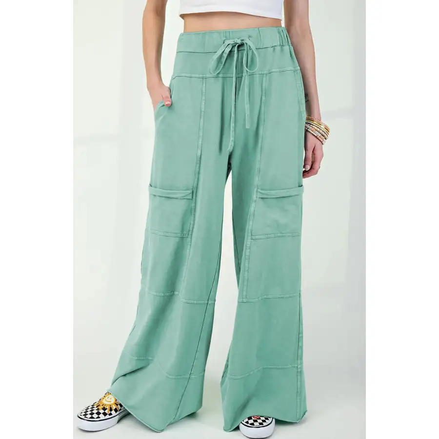 Mineral Wash Exposed Seam Drawstring High Waist Wide Leg Cargo Pants