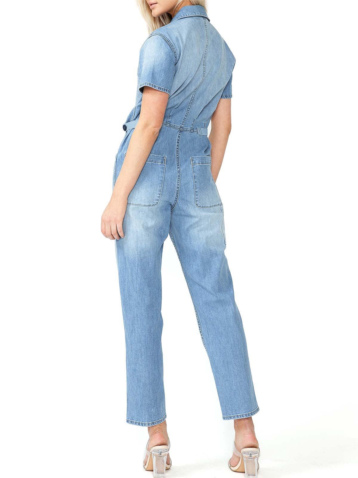 Light Blue Denim Short - Sleeve Jumpsuit