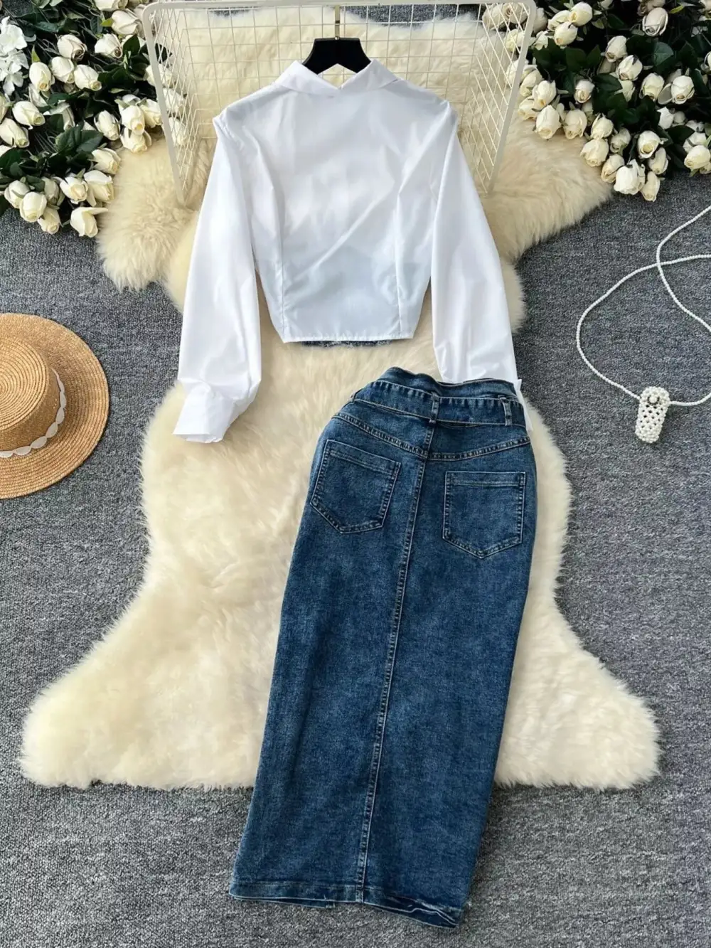 Frayed Denim Patchwork Top and Slit Maxi Skirt Denim Set
