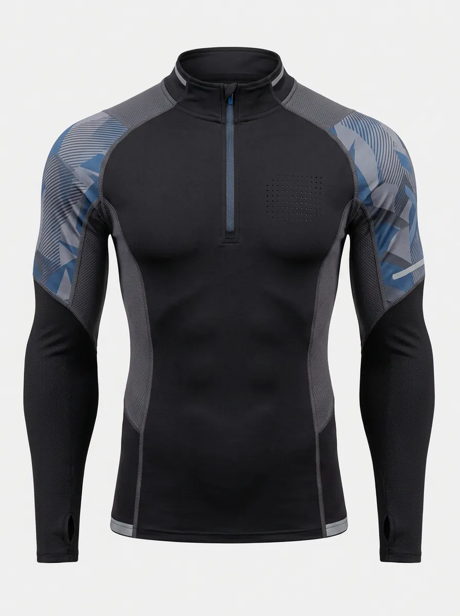 Men's Athletic Sports Geometric Printed Quarter Zip Long Sleeve Shirt