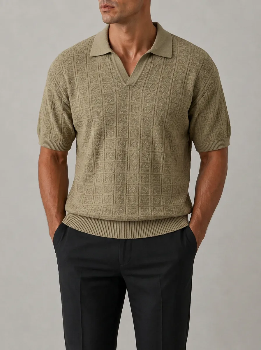 Men's Khaki Textured Grid Pattern Knitted Polo Shirt